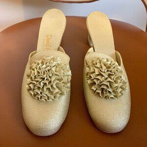 60s Vintage Gold Sparkle Ruffle Slipper Heels by Daniel Green, Made in USA